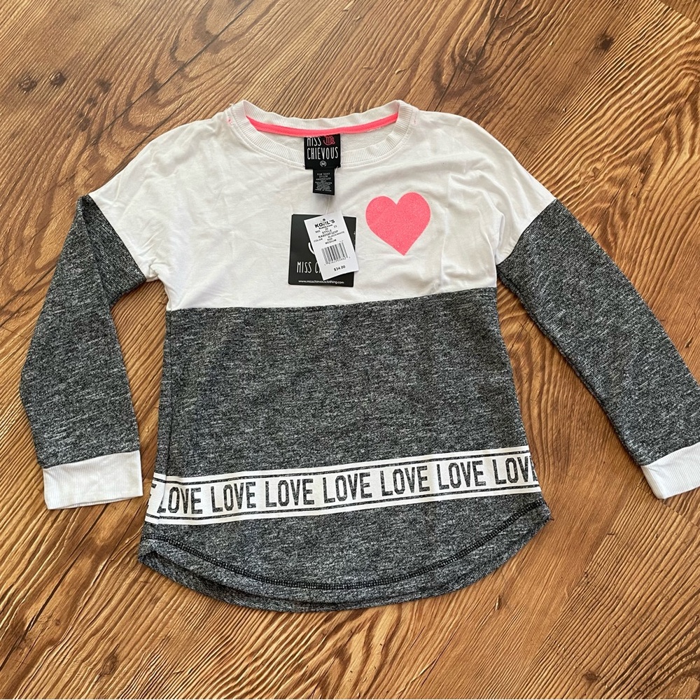 Miss Chievous Gray and White Long Sleeve Tee with Pink Heart